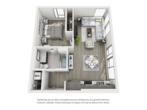 Floor plan for 1 bed, 1 bath, 729 sqft